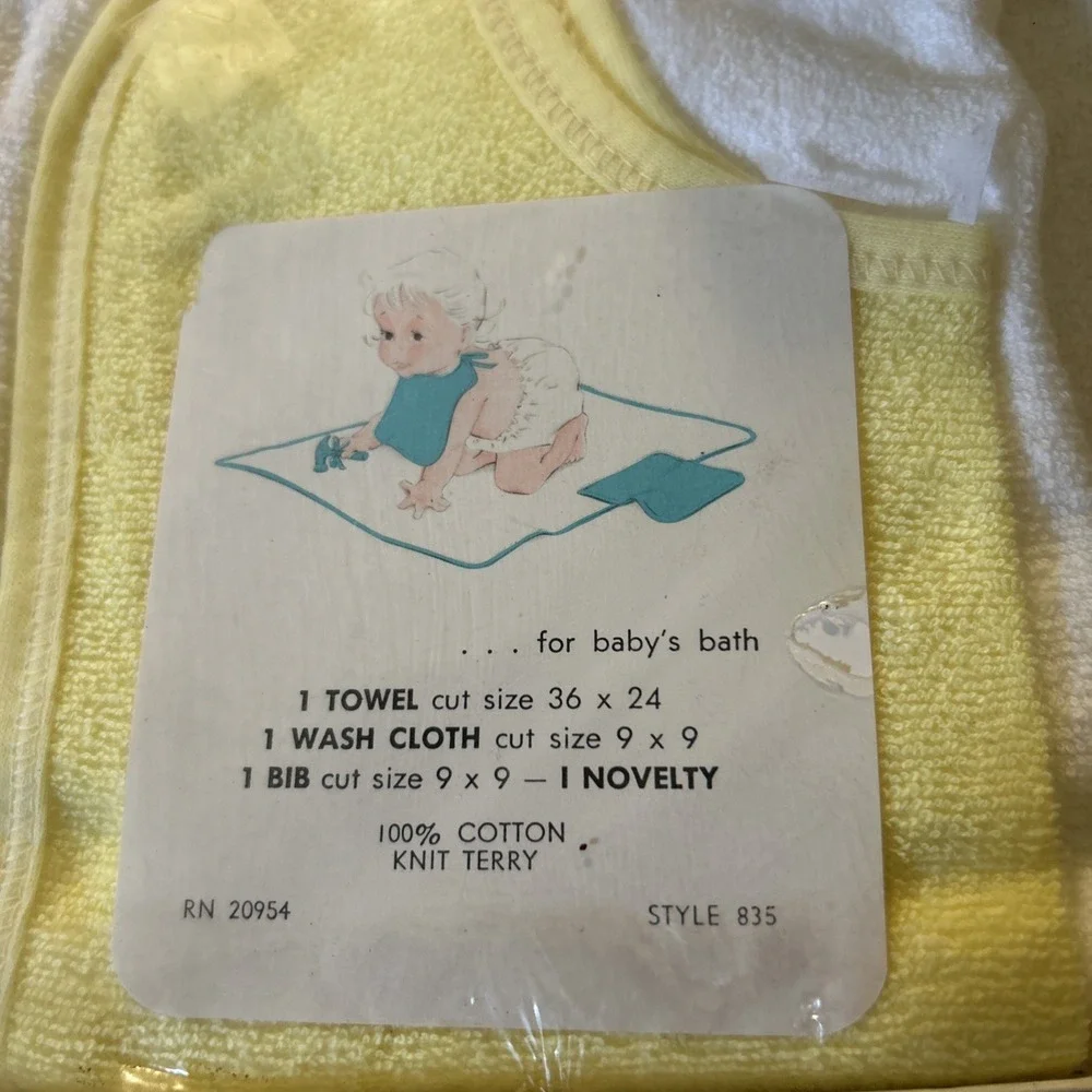 Vtg Baby Terry Bath Set Yellow White Towel Washcloth Bib Toy 100% Cotton USA